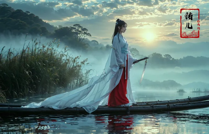 ((masterpiece))), (((best quality))), ((super detailed)), (highly detailed computer illustration), ((extremely delicate and beautiful)),  long raft with,
1girl, solo, long hair, black hair, holding sword sheath, holding sword, cloud, outdoors, sky, weapon, hanfu, holding, reflection, water, wide sleeves, standing, long sleeves, cloudy sky, chinese clothes, grass, 
(Real waterRealistic waterflowing water:1.0)ripples
<lora:~Q?-z{O long raft with:0.8>