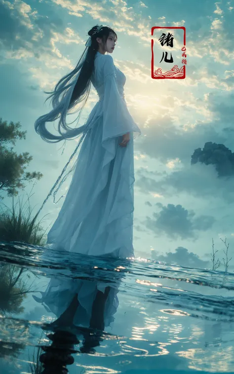 ((masterpiece))), (((best quality))), ((super detailed)), (highly detailed computer illustration), ((extremely delicate and beautiful)),cinematic light, Dynamic Angle, Perspective, High Point,pov(from below:1.4),
1girl, solo, white hair, hair ornament, wide sleeves,  fog, outdoors, reflection, white pants, sky, cloud, blue, green, cyan, long raft with,  (Real waterRealistic waterflowing water:1.1)ripples
<lora:~Q?-z{O long raft with:0.8>