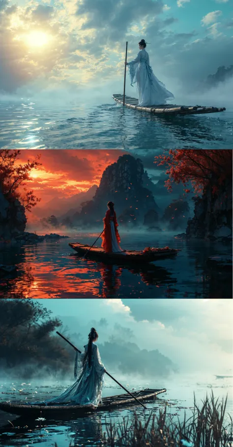 ((masterpiece))), (((best quality))), ((super detailed)), (highly detailed computer illustration), ((extremely delicate and beautiful)),  long raft with,
cloud, sky, solo, water, outdoors, 1girl, black hair, scenery, ocean, cloudy sky, holding, standing, chinese clothes, polearm, sun, robe, weapon, dress, day, reflection, sunlight,
(Real waterRealistic waterflowing water:1.0)ripples
<lora:~Q?-z{O long raft with:0.8>