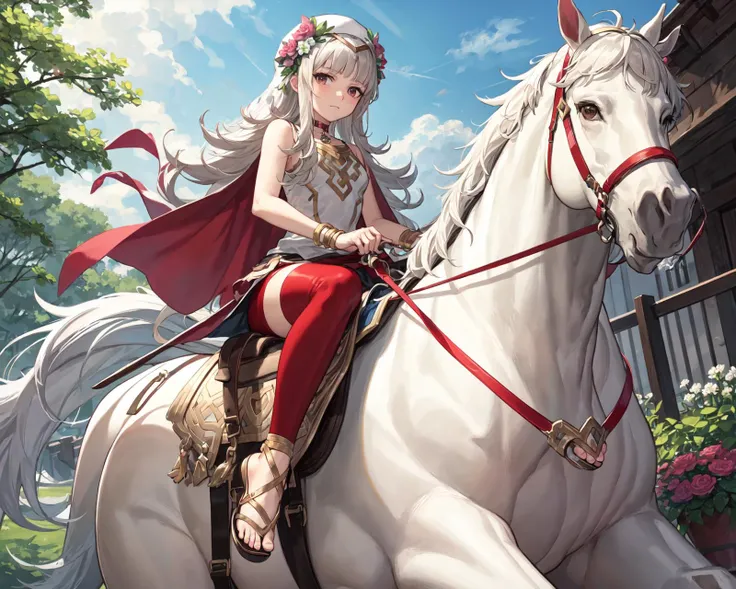 (from below:1.2),<lora:veronicaV2:0.8>,val_veronica,,(white horse,riding a white horse,saddle,reins:1.1), flower pot, dress, closed mouth,pelvic curtain, flower,jewelry, red thighhighs, sandals, toes, looking at viewer, choker, gold trim, bracelet, gradient clothes, sleeveless, bare shoulders,white dress, cape, toeless footwear, short dress, sleeveless dress, long dress, red miniskirt, outdoors,(masterpiece, best quality, ultra-detailed, best shadow)