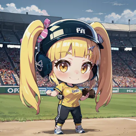 best quality, absurdres, high detail, uhd, baseball ground,
standing, batter box, holding bat, smile,
chibi, solo, kokoa, twintails, helmet, hair ornament, hairclip, yellow shirt, large breasts, white pants, sneakers,
<lora:MGCM-kokoa-t1-000100:0.7>