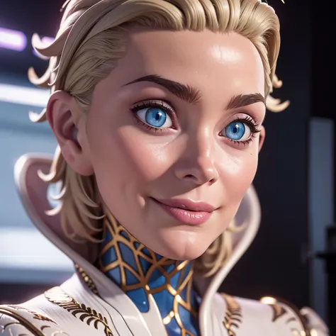 RAW photo, (high detailed skin, detailed eyes:1.1), intricate details, best quality, 8k uhd, soft lighting, Tilda, white bodysuit, short blonde hair, blue eyes, smile, cleavage cutout, science fiction <lora:TildavanderMeer:0.7>