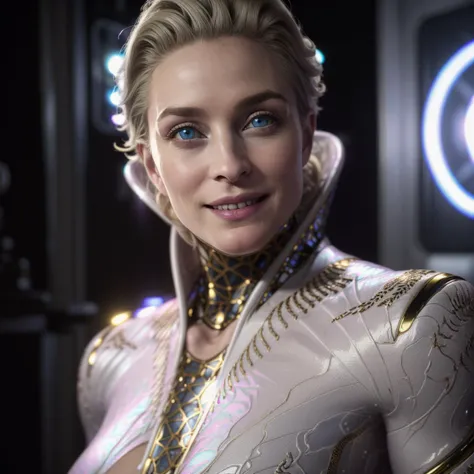 RAW photo, (high detailed skin, detailed eyes:1.1), intricate details, best quality, 8k uhd, soft lighting, Tilda, white bodysuit, short blonde hair, blue eyes, smile, cleavage cutout, science fiction <lora:TildavanderMeer:0.7>