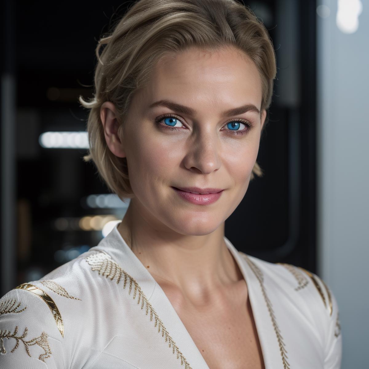 A woman with blue eyes and a white shirt posing for a picture - SeaArt AI