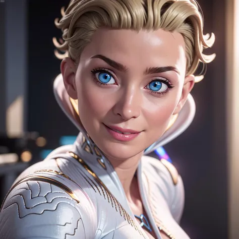 RAW photo, (high detailed skin, detailed eyes:1.1), intricate details, best quality, 8k uhd, soft lighting, Tilda, white bodysuit, short blonde hair, blue eyes, smile, cleavage cutout, science fiction <lora:TildavanderMeer:0.7>