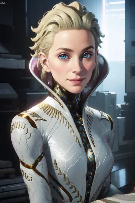 Tilda, white bodysuit,  short blonde hair,  blue eyes 
upper body,solo, standing,  light smile, 
science fiction,  museum,  sitting,  
(insanely detailed, beautiful detailed face, masterpiece, best quality),    <lora:TildavanderMeer:0.7>