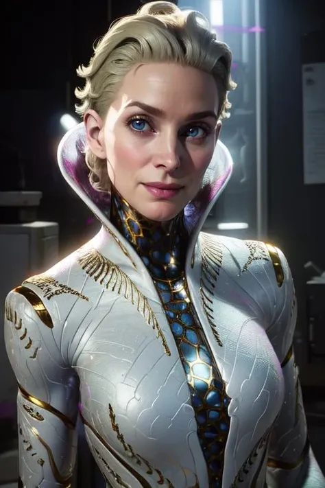 Tilda, white bodysuit, short blonde hair, blue eyes
upper body,solo, standing, light smile,
science fiction, museum,
(insanely detailed, beautiful detailed face, masterpiece, best quality), <lora:TildavanderMeer:0.7>