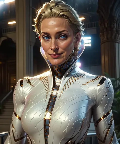 RAW photo, (high detailed skin, detailed eyes:1.1), intricate details, best quality, 8k uhd, soft lighting, Tilda, white bodysuit, short blonde hair, blue eyes, smile, cleavage cutout, science fiction <lora:TildavanderMeer:0.7>