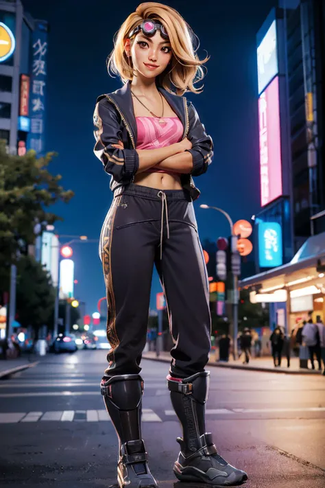 Yui, blonde hair, brown eyes, goggles on head, necklace, pink crop top, midriff, jacket, pants, shoes, looking at viewer, smiling, standing,arms crossed, full body shot, outside, city, tokyo, night time, high quality, masterpiece, <lora:YuiKimura:.7>