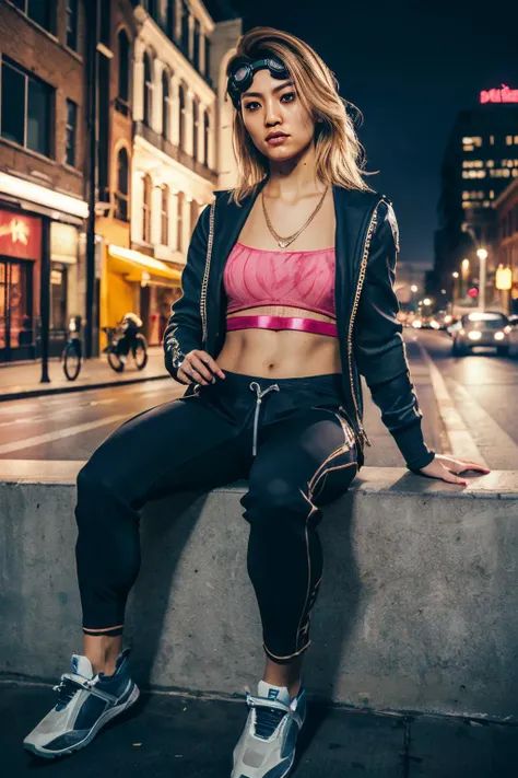 Yui, blonde hair, brown eyes, goggles on head, necklace, small breasts, pink crop top, midriff, jacket, pants, looking at viewer, serious, sitting, outside, city, street, night time, high quality, masterpiece, <lora:YuiKimura:.7>