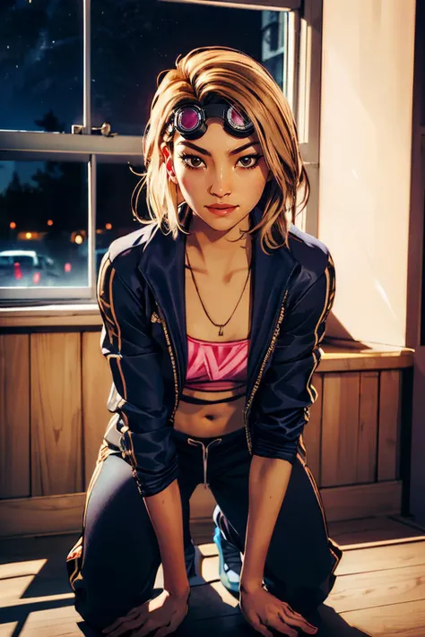 Yui, blonde hair, brown eyes, goggles on head, necklace, pink crop top, midriff, jacket, pants, looking at viewer, serious, smirk, on knees, inside shack, window, night time, high quality, masterpiece, <lora:YuiKimura:.7>