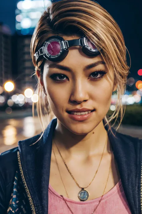 
Yui, blonde hair, brown eyes, goggles on head, necklace, pink shirt, jacket,looking at viewer, cityscape, night, bokeh, high quality, masterpiece, doing sex