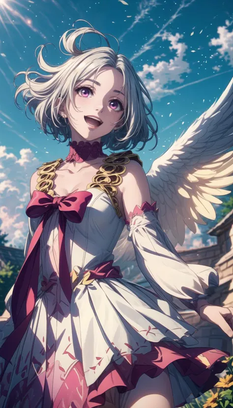 detailed pink eyes, perfect iris, perfect eyes, 
short white hair, antenna hair, ahoge, silver hair, 
wearing a white and pink dress, bare shoulders, long sleeves, bow, choker, angel wings, frills, sky on bg, 
<lora:Fitoria:0.7>, <lora:detail_slider_v4:0.7>, <lora:PAseer-SD15-LCM Quick:0.7>