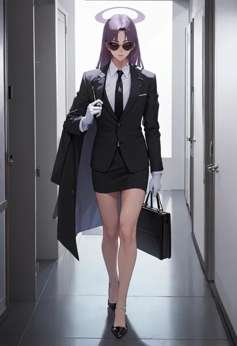best quality, masterpiece, highres, solo, (yukari_bluearchive:1.10), (black business suit:1.40), (tie:1.20), (sunglasses:1.25), (white gloves:1.15), (white shirt:1.10), (black skirt:1.15), (smoking:1.20), handsome, 21 <lora:yukari_bluearchive:0.80>