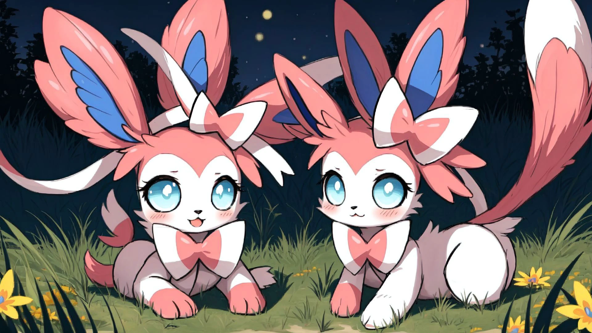 sylveon,animal focus,cute,nigth,grass,flowers, <lora:Sylveon:0.75>