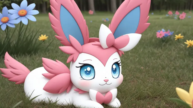sylveon,animal focus,cute,nigth,grass,flowers, <lora:Sylveon:0.75>