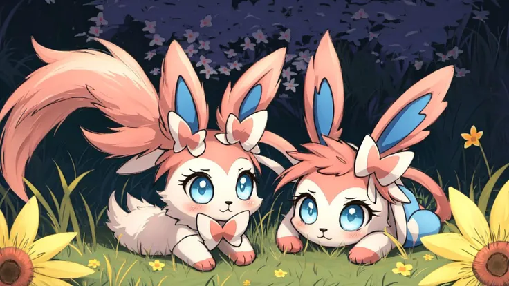 sylveon,animal focus,cute,nigth,grass,flowers, <lora:Sylveon:0.75>