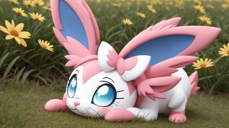 sylveon,animal focus,cute,nigth,grass,flowers, <lora:Sylveon:0.75>