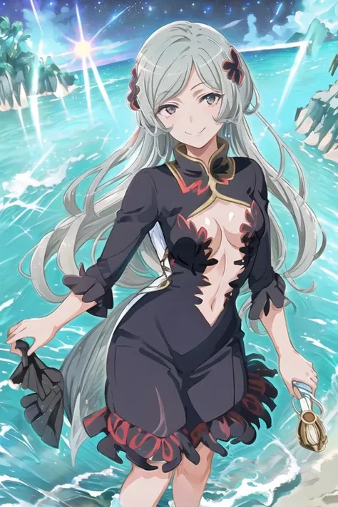 <lora:freya-000008-Copy1:1>,(master piece:1.3),(best quality:1.3), cowboy shot,bishamonten \(noragami\), (1girl:1.2), solo,medium breasts, (seductive smile:1.3), standing, looking at viewer, (sea:1.3),(starry sky:1.3) ,beach, water,<lora:pastelMixStylizedAnime_pastelMixLoraVersion:0.8>