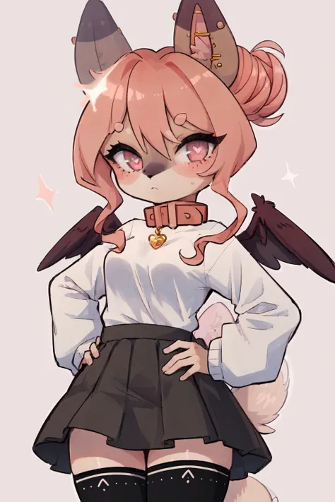 Hazel Typh, 1girl, best quality, furry, brown fur, pink hair, animal ears, gold piercing, heart-shaped pupils, animal nose, pink eyes, hair bun, tail, wings, expressionless, white sweater, black skirt, pink background, sparkles, pink collar, hands on hips, thighhighs, black thighhighs, <lora:Hazel-10:1>