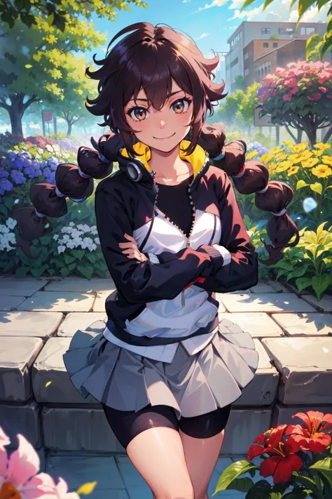 1girl, solo, gotchagirl, smile,
<lora:gotcha-girl-10:0.7> jacket, zipper, long sleeves, gray skirt, skirt, pleated skirt, zipper pull tab, bike shorts, shoes, socks, hair tie,
garden, flowers, crossed arms, cowboy shot,