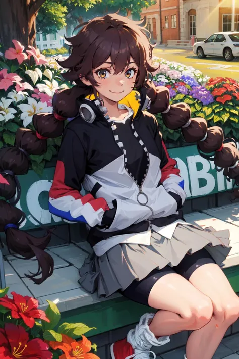 1girl, solo, gotchagirl, smile,
<lora:gotcha-girl-10:0.9> jacket, zipper, long sleeves, gray skirt, skirt, pleated skirt, zipper pull tab, bike shorts, shoes, socks, hair tie,
garden, flowers, cowboy shot,