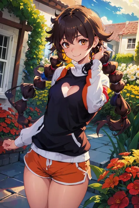 1girl, solo, gotchagirl, smile,
<lora:gotcha-girl-10:0.8> sweater, heart cutout, orange shorts, short shorts, small breasts, hair tie, brown eyes,
house garden, standing, cowboy shot,