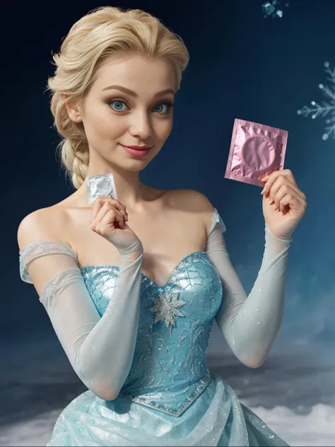 Elsa from Disney's Frozen, female, holding condom in wrapper, anxious expression, <lora:CondomWrapper-v1.0:1>