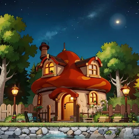 ((masterpiece,best quality)), absurdres,
<lora:Henesys_Maple_Story_Anime:0.7>, Henesys_Maple_Story, 
outdoors, no humans, tree, grass, scenery, mushroom, plant, building, nature,
house, door, window, fence, chimney, sign, 
starry night sky, warm cozy lights, 
cinematic composition,