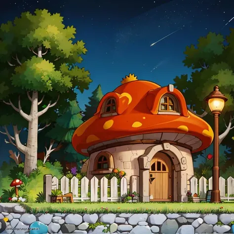 ((masterpiece,best quality)), absurdres,
<lora:Henesys_Maple_Story_Anime:0.7>, Henesys_Maple_Story,
outdoors, no humans, tree, grass, scenery, mushroom, plant, building, nature,
house, door, window, fence, chimney, sign,
starry night sky, warm cozy lights,
cinematic composition,