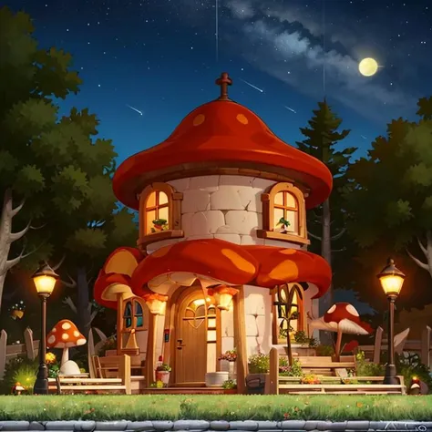 ((masterpiece,best quality)), absurdres,
<lora:Henesys_Maple_Story_Anime:0.7>, Henesys_Maple_Story, 
outdoors, no humans, tree, grass, scenery, mushroom, plant, building, nature,
house, door, window, fence, chimney, sign, 
starry night sky, warm cozy lights, 
cinematic composition,