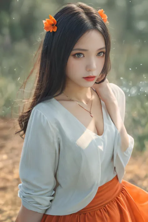 masterpiece, best quality, (realskin:1.5), photograph, 1girl,floating hair,Bokeh, Canon EOS-1D X Mark III with 50mm lens F/2.8, (detailed texture of girl skin), waist up, ((Close-up)), High resolution (4K:1.3),(sharp focus:1.2) Embarrassing, photorealistic, realistic,8k,highres, (realskin:1.5) (masterpiece,best quality:1.5) <lora:yeon:0.65> beautiful lighting,<lora:JPfilmColor_Heavy_grain:0.4> ((looking at viewer)),  (( diamond necklace, jabot, flowing blazer, twinkle skirt, hair bow)) floating hair body,((flower background)) [art by Zoe Buckman:(art by Geof Kern:0.8):18], negative space, fox ears,  ((red and orange tone impression))