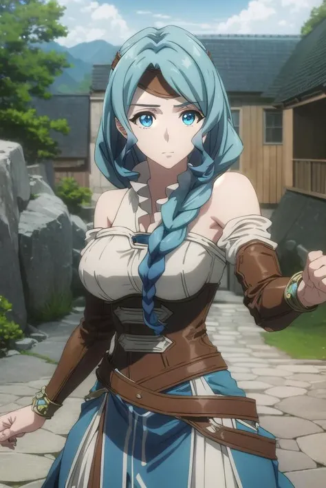theresealexanderite, <lora:therese alexanderite s2-lora-nochekaiser:1>,
therese alexanderite, long hair, blue eyes, blue hair, braid, single braid, aqua hair,
BREAK bare shoulders, headband, circlet, detached sleeves, corset,
BREAK outdoors, forest, nature, sky, sun, clouds,
BREAK looking at viewer, (cowboy shot:1.5),
BREAK <lyco:GoodHands-beta2:1>, (masterpiece:1.2), best quality, high resolution, unity 8k wallpaper, (illustration:0.8), (beautiful detailed eyes:1.6), extremely detailed face, perfect lighting, extremely detailed CG, (perfect hands, perfect anatomy),
