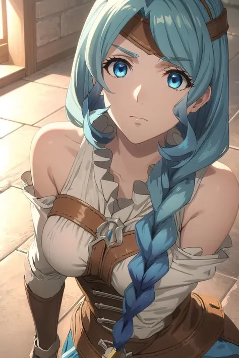 theresealexanderite, <lora:therese alexanderite s2-lora-nochekaiser:1>,
therese alexanderite, long hair, blue eyes, blue hair, braid, single braid, aqua hair,
BREAK bare shoulders, headband, circlet, detached sleeves, corset,
BREAK outdoors, forest, nature, sky, sun, clouds,
BREAK looking at viewer, (cowboy shot:1.5),
BREAK <lyco:GoodHands-beta2:1>, (masterpiece:1.2), best quality, high resolution, unity 8k wallpaper, (illustration:0.8), (beautiful detailed eyes:1.6), extremely detailed face, perfect lighting, extremely detailed CG, (perfect hands, perfect anatomy),