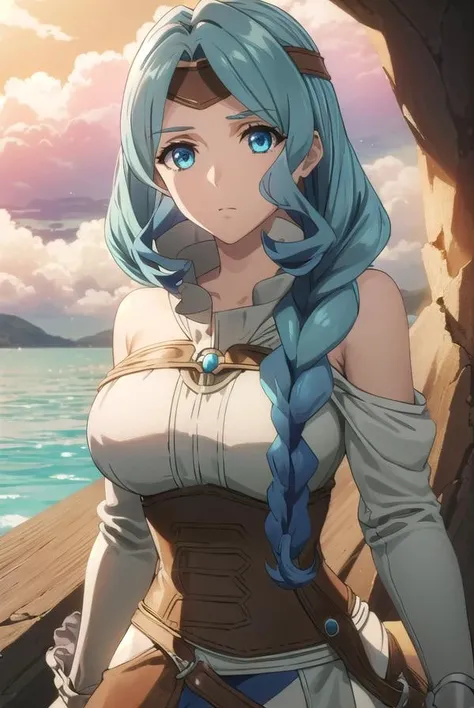 theresealexanderite, <lora:therese alexanderite s2-lora-nochekaiser:1>,
therese alexanderite, long hair, blue eyes, blue hair, braid, single braid, aqua hair,
BREAK bare shoulders, headband, circlet, detached sleeves, corset,
BREAK outdoors, forest, nature, sky, sun, clouds,
BREAK looking at viewer, (cowboy shot:1.5),
BREAK <lyco:GoodHands-beta2:1>, (masterpiece:1.2), best quality, high resolution, unity 8k wallpaper, (illustration:0.8), (beautiful detailed eyes:1.6), extremely detailed face, perfect lighting, extremely detailed CG, (perfect hands, perfect anatomy),
