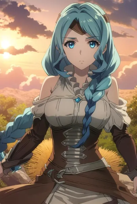 theresealexanderite, <lora:therese alexanderite s2-lora-nochekaiser:1>,
therese alexanderite, long hair, blue eyes, blue hair, braid, single braid, aqua hair,
BREAK bare shoulders, headband, circlet, detached sleeves, corset,
BREAK outdoors, forest, nature, sky, sun, clouds,
BREAK looking at viewer, (cowboy shot:1.5),
BREAK <lyco:GoodHands-beta2:1>, (masterpiece:1.2), best quality, high resolution, unity 8k wallpaper, (illustration:0.8), (beautiful detailed eyes:1.6), extremely detailed face, perfect lighting, extremely detailed CG, (perfect hands, perfect anatomy),