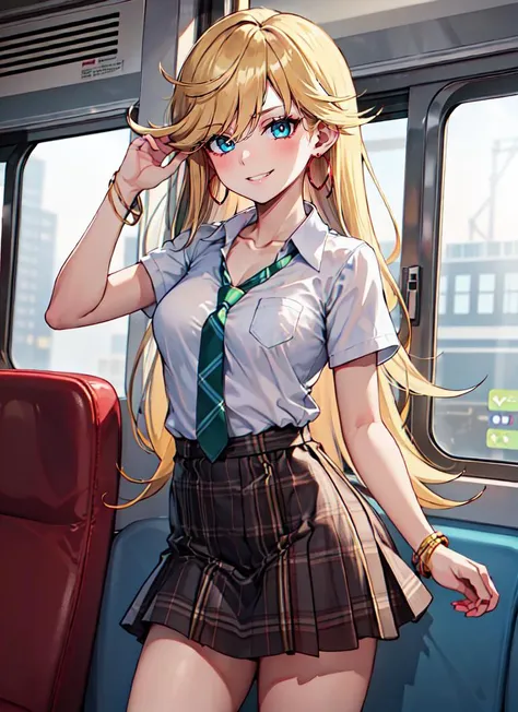 ((best quality)), ((highly detailed)), absurdres, (detailed eyes, deep eyes), (1girl), from beside, dynamic pose, cowboy shot, wide shot, <lora:PSG_Panty-DEF:.75>, anarchypanty, blonde hair, long hair, blue eyes, makeup, earrings, medium breasts, perky breasts, smirk, (white collared shirt), short sleeves, collarbone, green necktie, loose necktie, green plaid skirt, bracelet, white socks, brown loafers, (indoors, at a train)