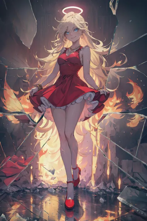 glowing particles, ambient lights, cute, pastel art, full body detailed, 4K, hdr, high details, perfect lighting, perfect anatomy, dreamlike, divine, magical, glowing eyes, flaming eye, eye trail, fireMagicAI, blue flames,
,anarchypanty, blonde, blue eyes, makeup, long hair, earrings, halo,<lora:PSG_Panty-DEF:0.7>,red dress, bracelets, necklace, red footwear,
smile,
,IncrsBrknGls,broken glass, reflection, <lora:BrokenGlass:0.8>,