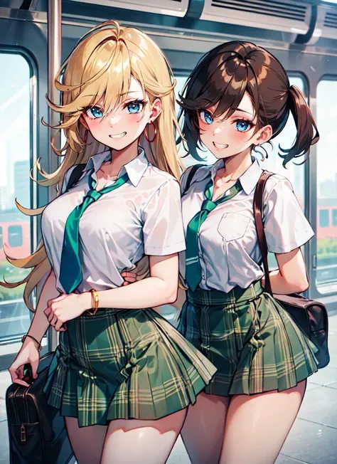 ((best quality)), ((highly detailed)), , (1girl), dynamic pose, cowboy shot, <lora:PSG_Panty-V2:.65>, anarchypanty, blonde hair, long hair, blue eyes, makeup, earrings, medium breasts, perky breasts, grin, (white collared shirt), short sleeves, collarbone, green necktie, loose necktie, green plaid skirt, bracelet, white socks, brown loafers, (outdoors, in a train station, (((multiple girls))), (2girls), noon)