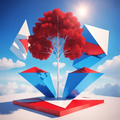<lora:MirrorsEdge_v1.1:1>, centered, abstract world, a beautiful tree on floating white and red geometric shapes, 3D, blue sky, clouds, Mirror's Edge style