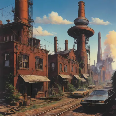 a vinyl album with, vinyl, record jacket, vinyl cover from 1988, album cover art, top-rated, top - rated, 80s, album art,
Steam-powered city, towering smokestacks, airships overhead, cobblestone streets, Abandoned spaceport, overgrown platforms, rusting spaceships, flickering lights