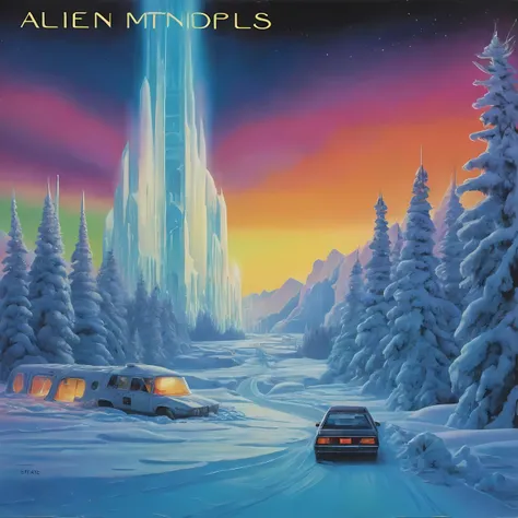 a vinyl album with, vinyl, record jacket, vinyl cover from 1988, album cover art, top-rated, top - rated, 80s, album art,
Alien metropolis, towering organic structures, glowing pathways, strange vehicles, Frozen tundra, northern lights, ice-covered trees, distant glowing obelisks
