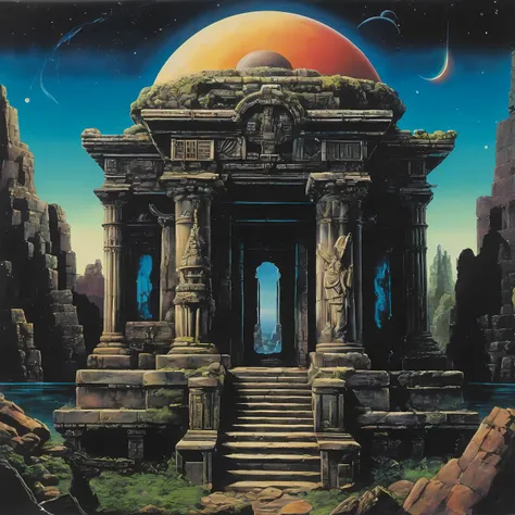 a vinyl album with, vinyl, record jacket, vinyl cover from 1988, album cover art, top-rated, top - rated, 80s, album art,
Underwater ruins, broken statues, sunken temples, bioluminescent creatures, Intergalactic temple, cosmic energy, rotating celestial bodies, alien priests