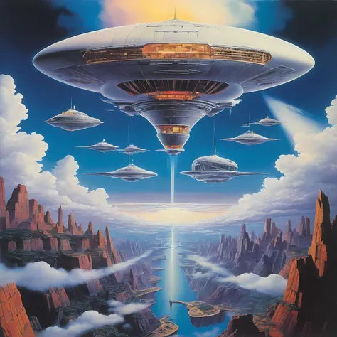 a vinyl album with, vinyl, record jacket, vinyl cover from 1988, album cover art, top-rated, top - rated, 80s, album art,
Dimension rift, fractal landscapes, shifting colors, floating shards of reality, Cloud city, floating platforms, airships docking, soft sunlight through clouds