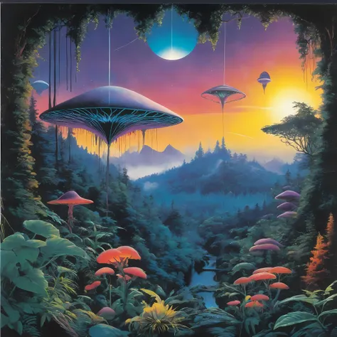 a vinyl album with, vinyl, record jacket, vinyl cover from 1988, album cover art, top-rated, top - rated, 80s, album art,
Alien garden, multicolored plants, glowing spores, strange geometric patterns, Forest canopy, hanging bridges, misty air, glowing bird-like creatures