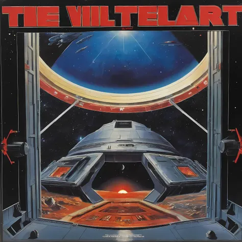 a vinyl album with, vinyl, record jacket, vinyl cover from 1988, album cover art, top-rated, top - rated, 80s, album art,
Starship hangar, massive open doors, sleek spaceships, red alert lights, Ancient observatory, cracked telescopes, glowing celestial charts, cosmic energy