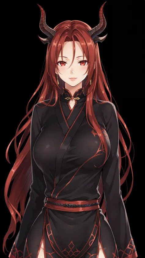 a mature demon girl with horns red eyes dark red longhair , Beeple, fantasy, anime