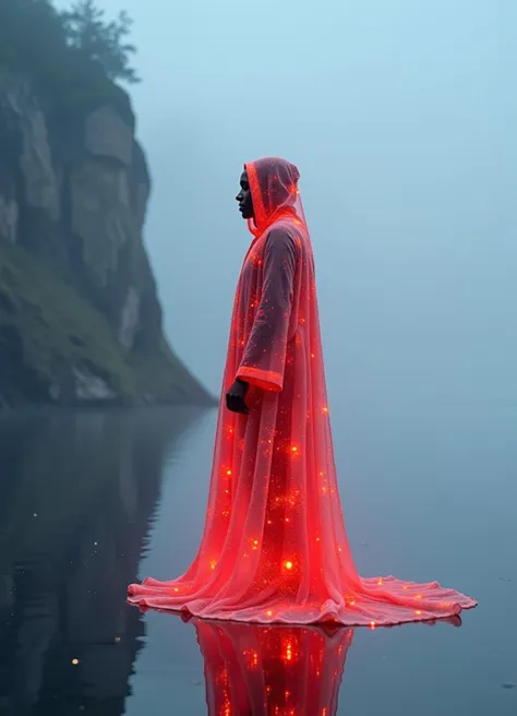 A figure stands gazing left, cloaked in a translucent, glowing red robe, with brilliant glitch and noise effect on cloak. The serene, misty backdrop features soft blues and grays of a cliff and foggy sky. Reflections on the calm, glassy water replicate the figure's vibrant luminescence, juxtaposing the cool tranquility of the setting with the robe's energetic warmth, <lora:Glitch Style:0.7>