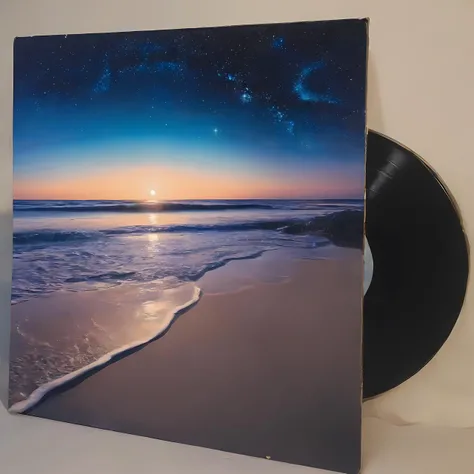 a vinyl album with, vinyl, record jacket, vinyl cover from 1988,  album cover art, top-rated, top - rated, 80s, album art, 

 
Moonlit beach, gentle waves, bioluminescent sand, glowing starry sky, Astral plane, swirling cosmic energy, floating stars, shifting galaxies 