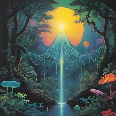 a vinyl album with, vinyl, record jacket, vinyl cover from 1988, album cover art, top-rated, top - rated, 80s, album art,
Alien garden, multicolored plants, glowing spores, strange geometric patterns, Forest canopy, hanging bridges, misty air, glowing bird-like creatures
